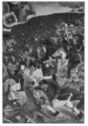 Yunanlılar arasında popüler bir poster, şapkasında haç işareti olan askerlerin sakallı düşman askerlerini kılıçtan geçirmesinin tasviri, 1913 Carnegie Raporu, S. 98.